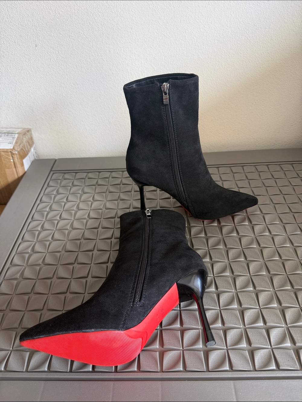 Brand new Women's Black Suede Pointed Toe Ankle Boots with Red Sole